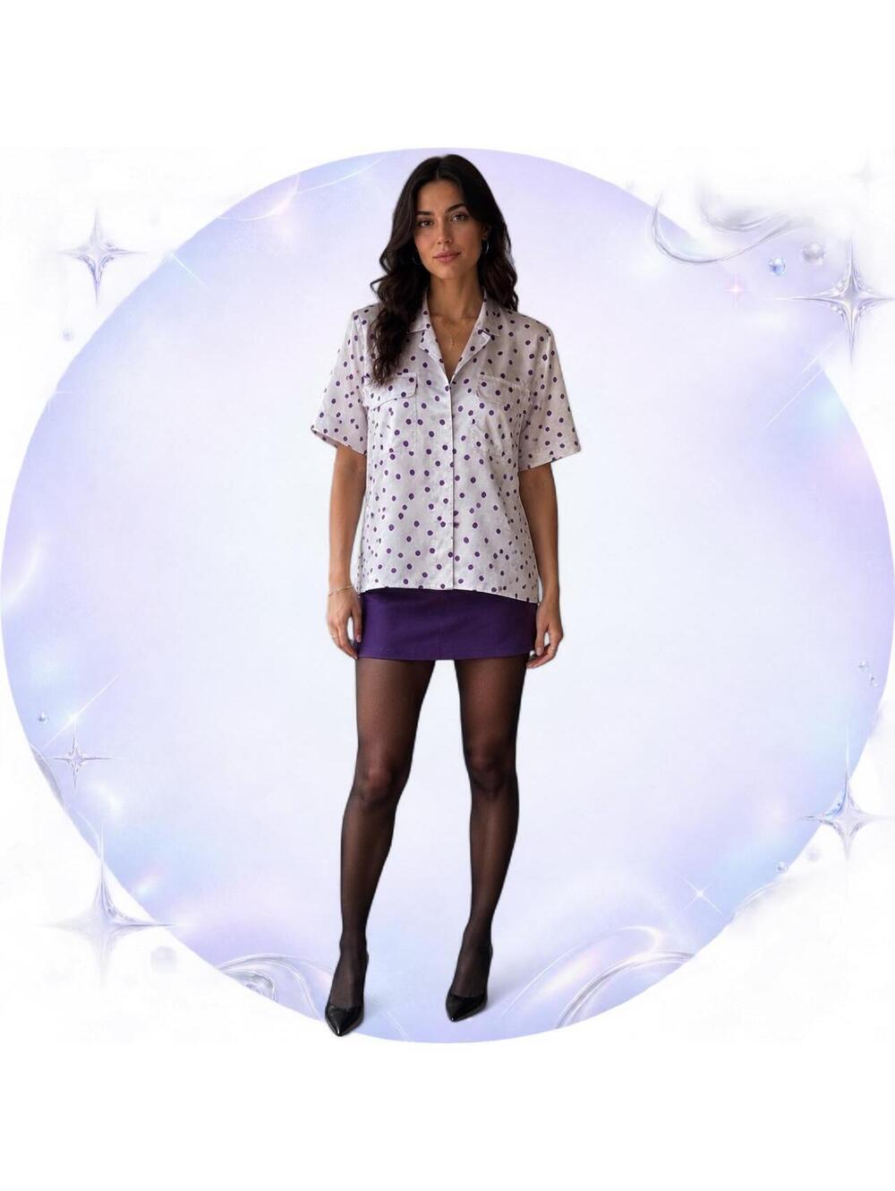 Vintage 1980s Notations Purple Polka-Dot Satin Blouse Size 6